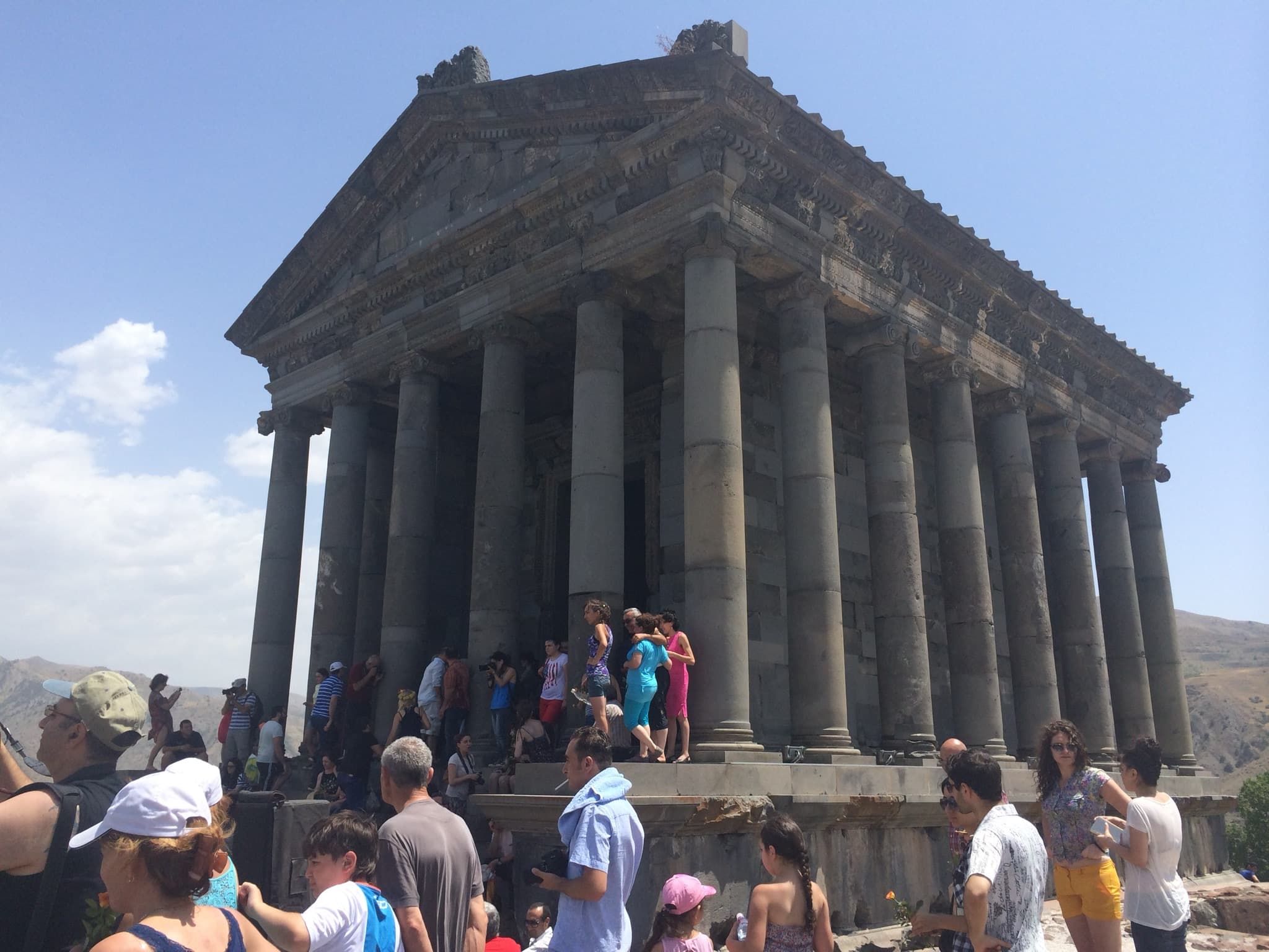 People gathered for Vardavar at the ancient Garni pagan temple in Armenia.